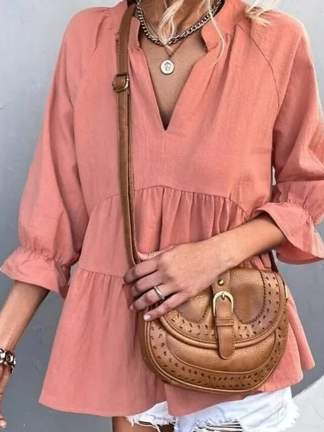 Women's Shirt Blouse Ruched Plain Casual Long Sleeve V Neck