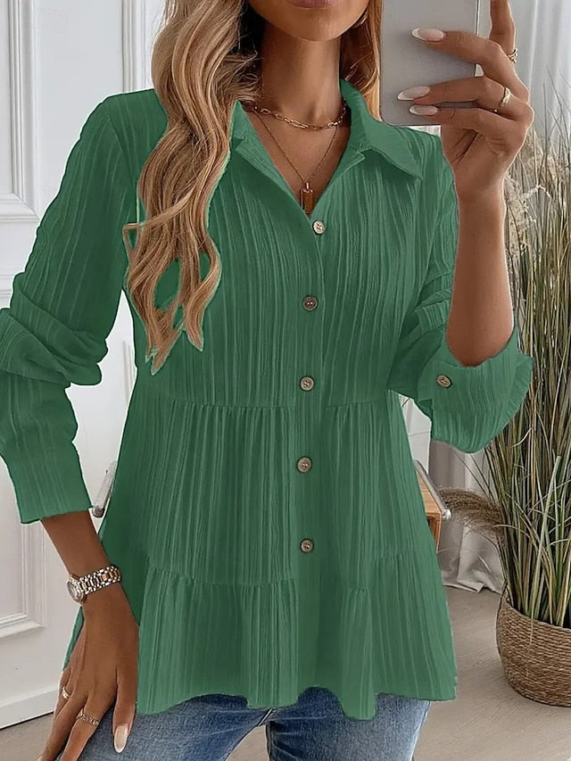Women's Blouse Ruched Buttons Solid Color Stylish Casual