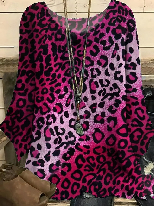 Women's Shirt Print Leopard Stylish 3/4 Length Sleeve Crew