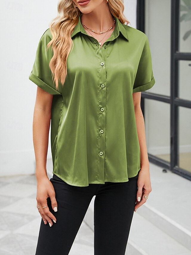 Women's Shirt Elegant Dressy Satin Top Buttons Solid Color