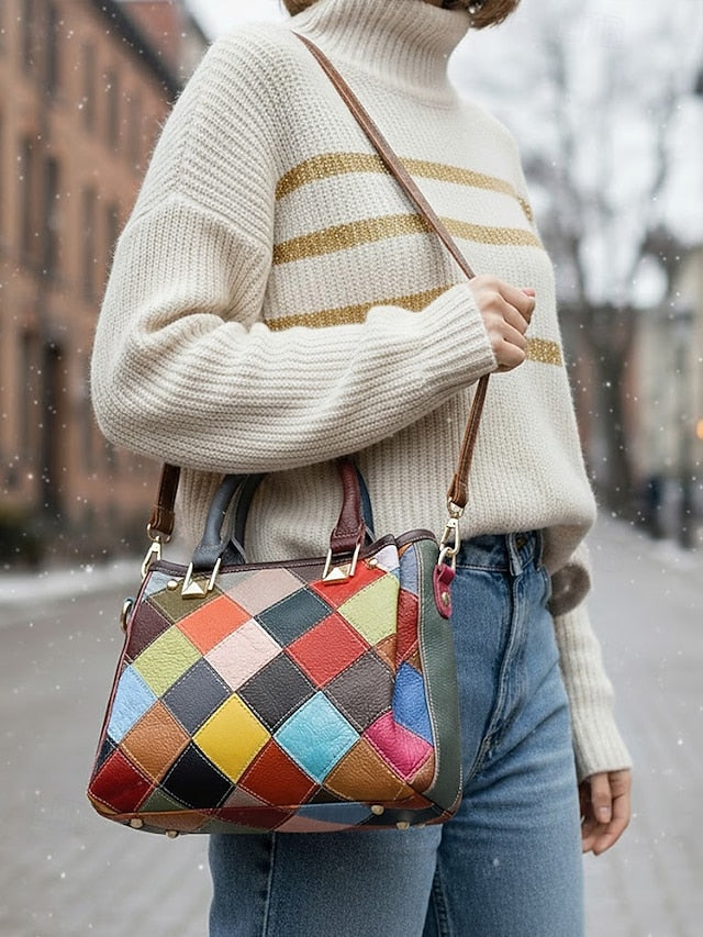 Women's Leather Handbag, Multi-Color Patchwork Design,