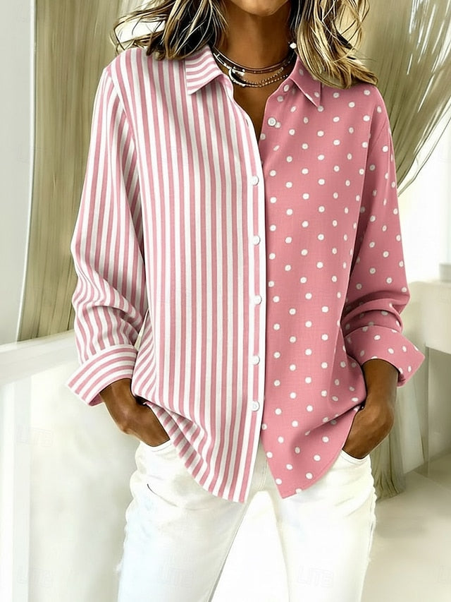 Women's Shirt Faux Cotton Linen Buttons Print Striped
