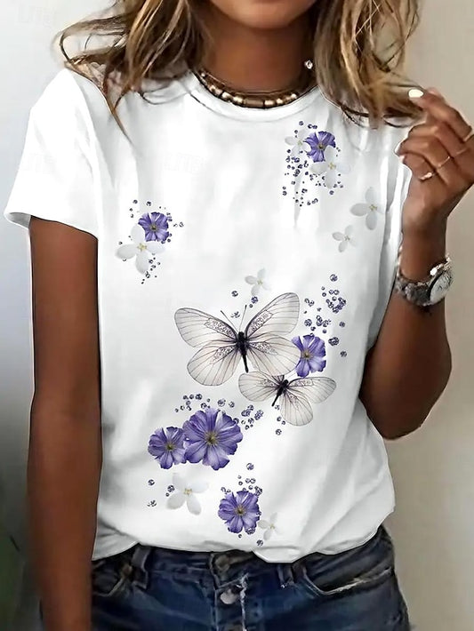 Women's T Shirt Print Floral Butterfly Stylish Casual Short