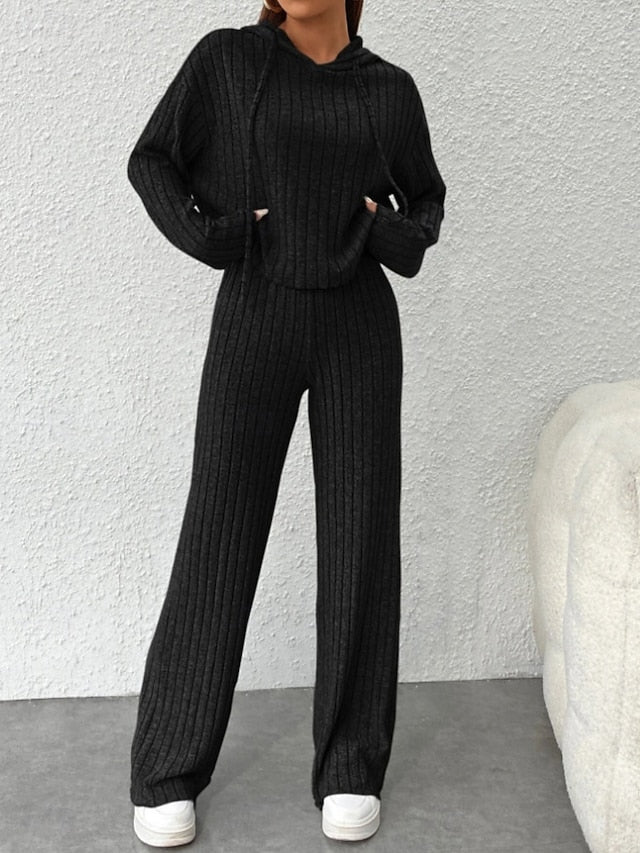 Women's Pants Sets Bolero Top Long Sleeve Hooded Solid
