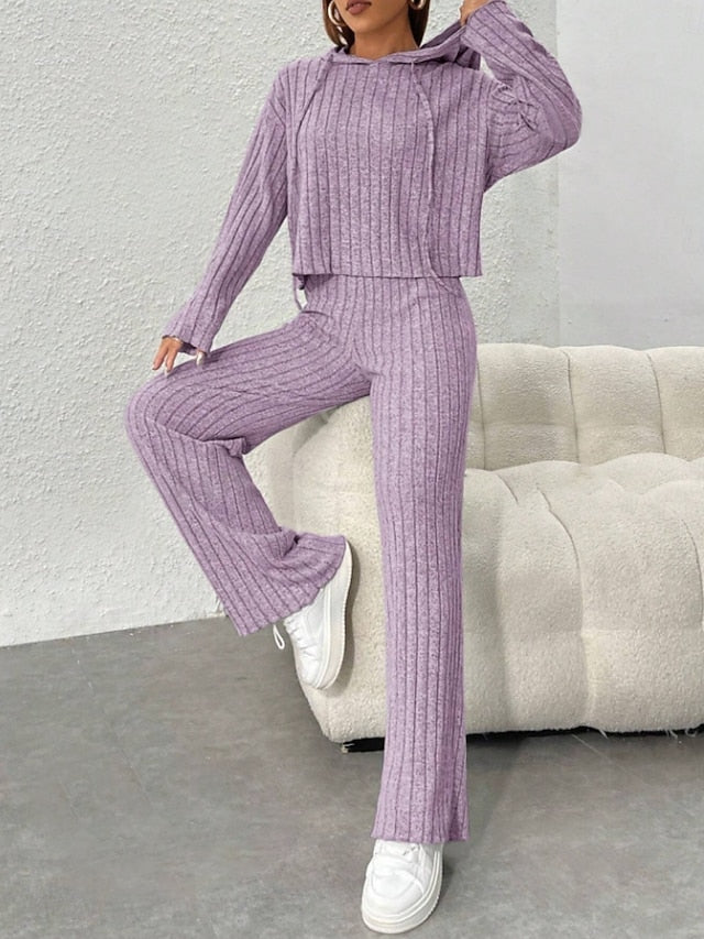 Women's Pants Sets Bolero Top Long Sleeve Hooded Solid