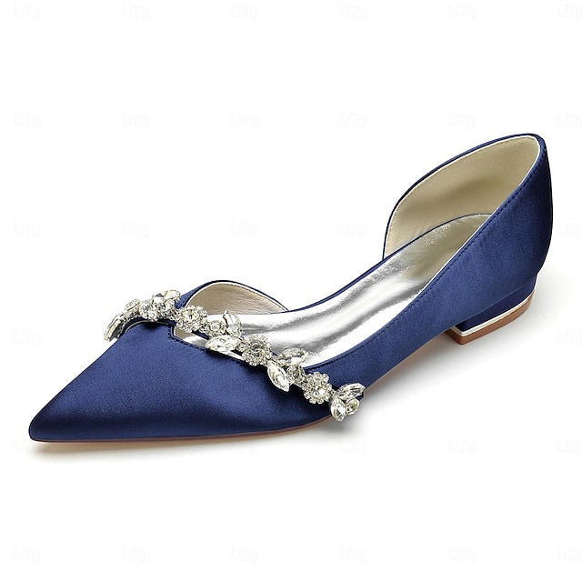 White Satin Flat Shoes Crystal Pointed Wedding with and Toe