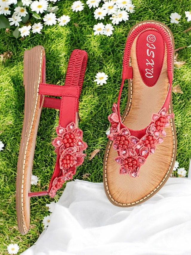 Beaded Comfortable Slip-Ons Floral Design with Flat
