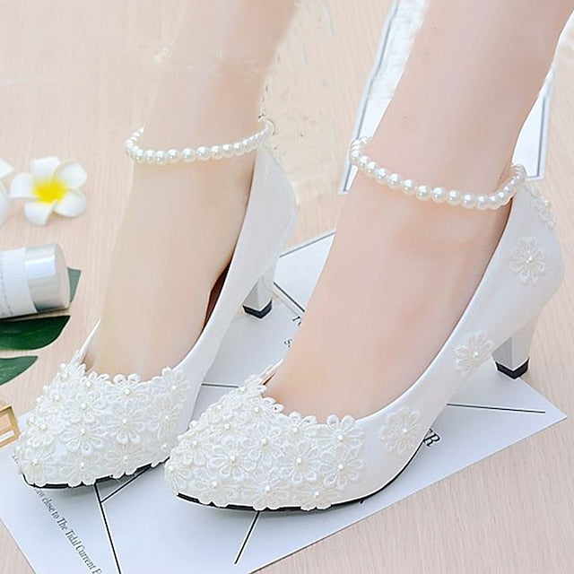 White Decorated Lace Pearl Floral Heels – Women's Wedding