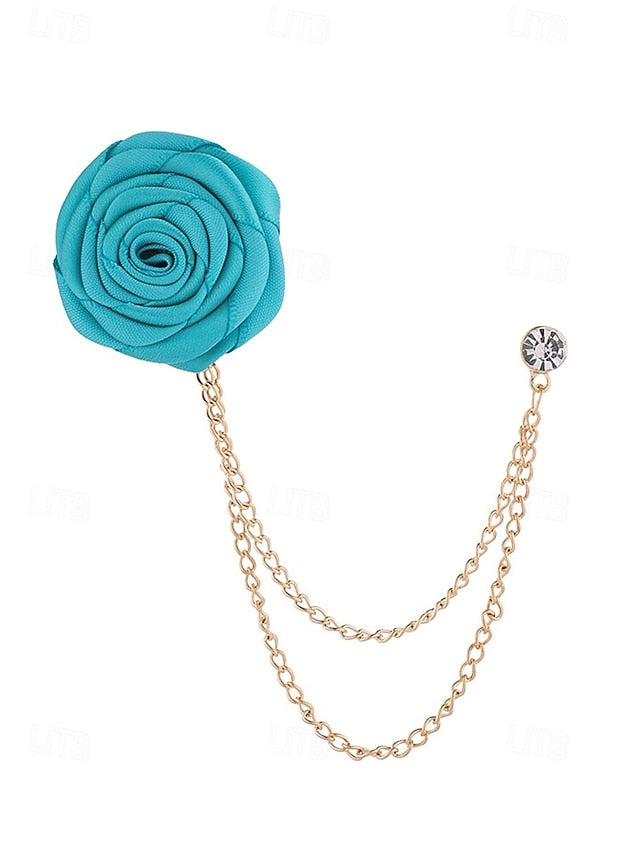 Men's Lapel Pin Rose with Chain Gold Elegant – Red