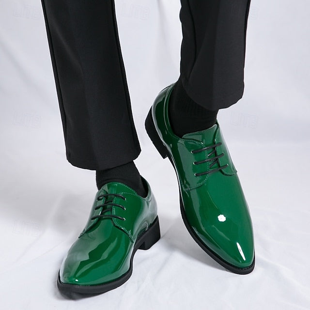 Formal for Green Leather Patent Shoes Glossy Men Lace-Up –