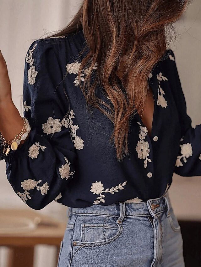 Women's Blouse Embroidered Buttons Floral Stylish Casual