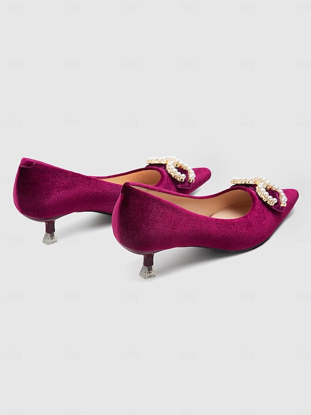 with Velvet Kitten Bow Pearl Women's Pumps Burgundy Heel -