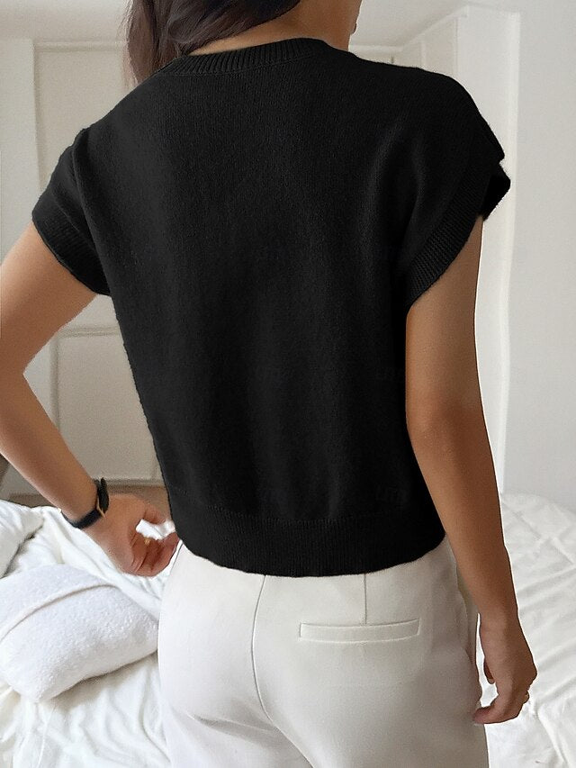 Women's Y2K Knit Tee Elastic Waist 3D Appliques Solid Color