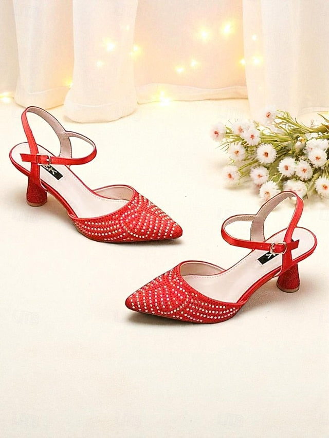 Women's Red Toe Rhinestone Pointed Heels Slingback