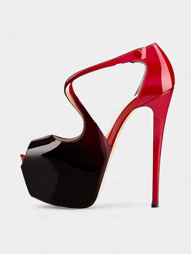 Patent Cross Red Black Stiletto Heels and Platform with Leather