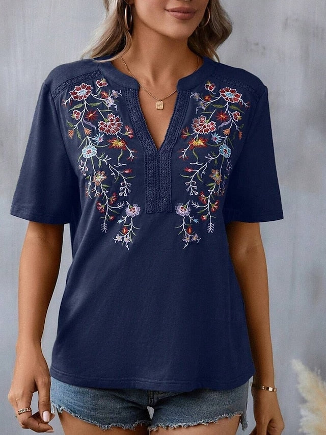 Women's Shirt Blouse Embroidered Floral Stylish Casual