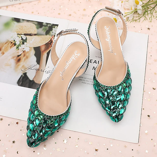 Pointed-Toe Rhinestone High Heels Women's Crystal Slingback