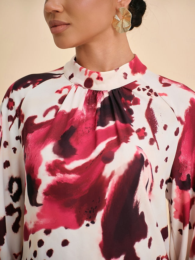 Women's Blouse Wine Abstract Print Standing Collar Casual