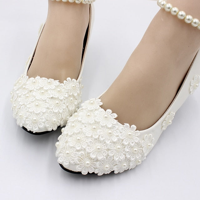 White Decorated Lace Pearl Floral Heels – Women's Wedding