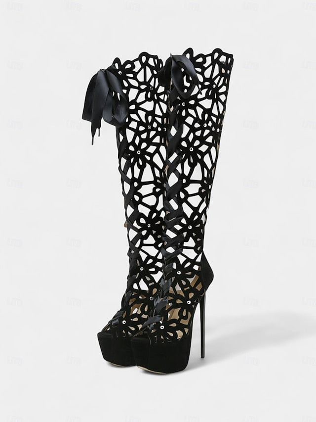 Stiletto Platform High Women's Sexy Cutout Peep Boots Knee