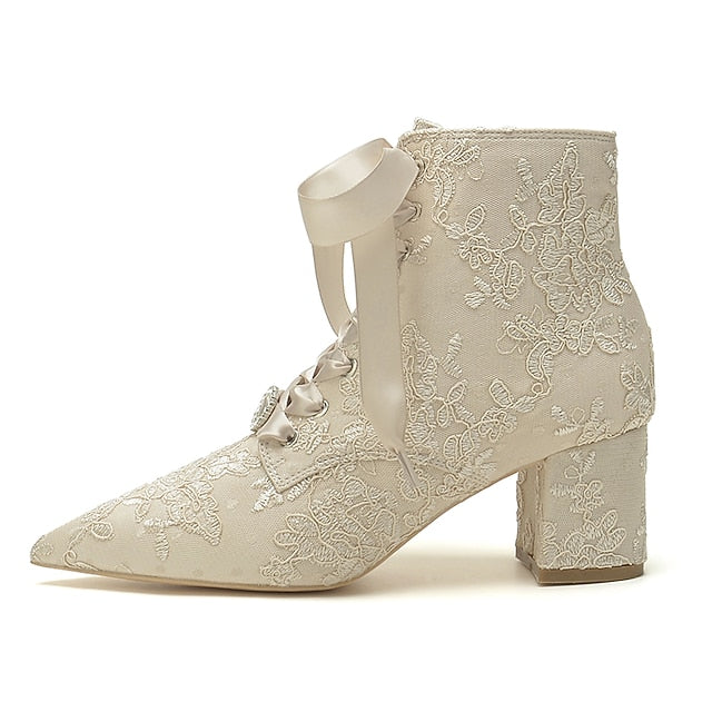 Lace-Up – White Women's Embroidered Booties Bridal Floral