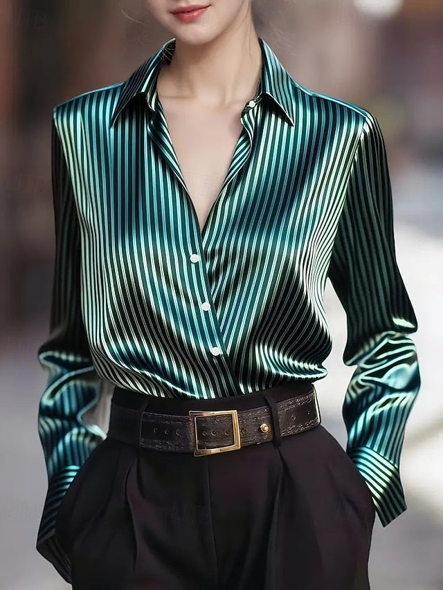 Women's Shirt Elegant Dressy Satin Top Buttons Striped