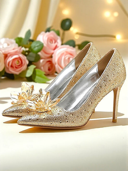 Gold Heel High Sparkly Women's Pumps - Crystal Embellished