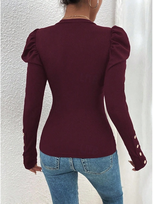Women's Ribbed Knit Tops Patchwork Buttons Solid Color