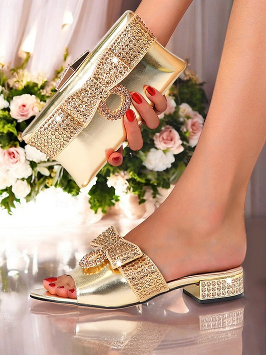 – Sandals Gold Clutch Bow Rhinestone Flat Matching with