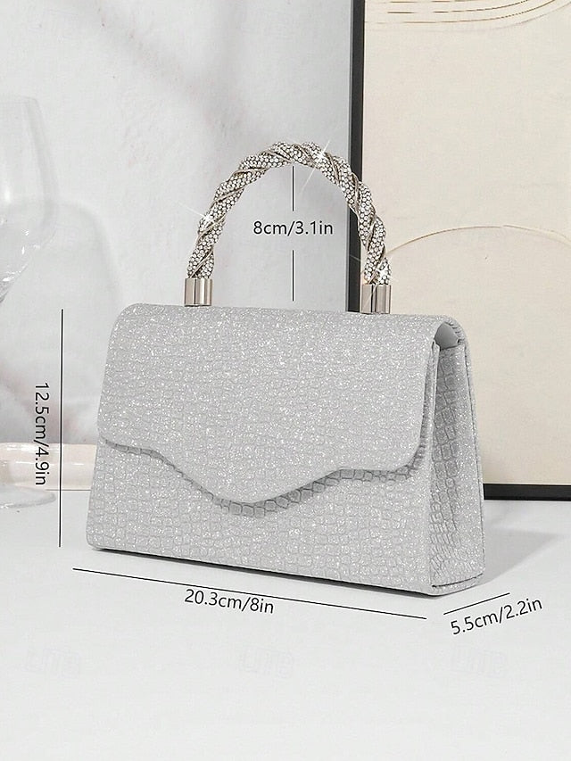 Glitter Handle Handbag Silver Rhinestone Women's with –