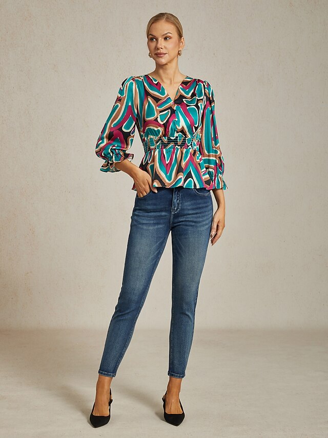 Colorful Abstract Print Satin Top with Cinched Waist