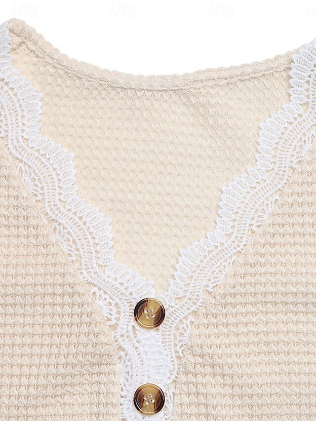 Women's Blouse Lace Patchwork Buttons Solid Color Stylish