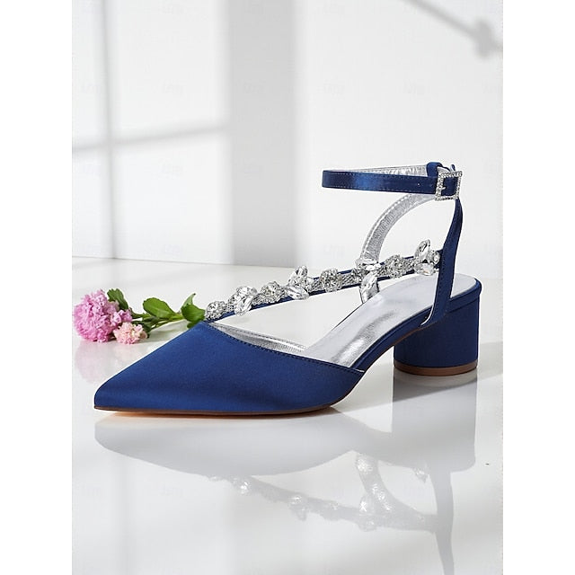 Heel Women's Purple Pumps Satin with Block Rhinestone