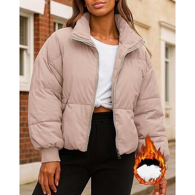 Women's Zip Up Jacket Winter Crop Coat Fleece Jacket with
