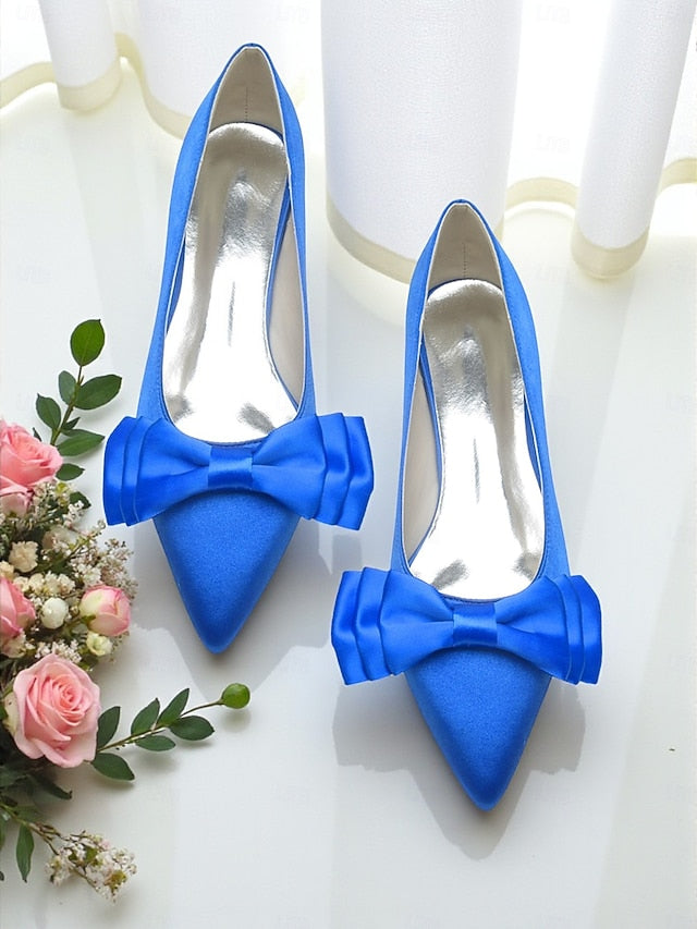 Women's Pointed Satin Bow Green - Flats Toe Elegant