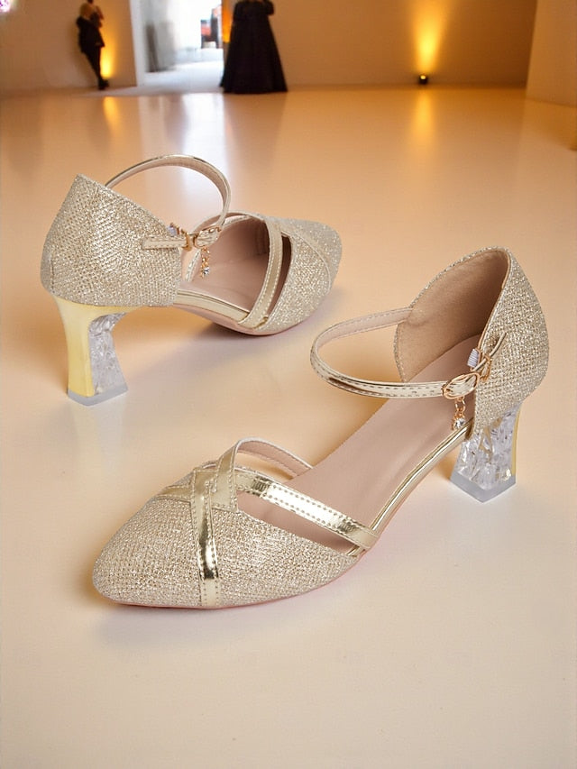 Strap Heel Women's Elegant - Ankle Glitter Pumps Block Gold