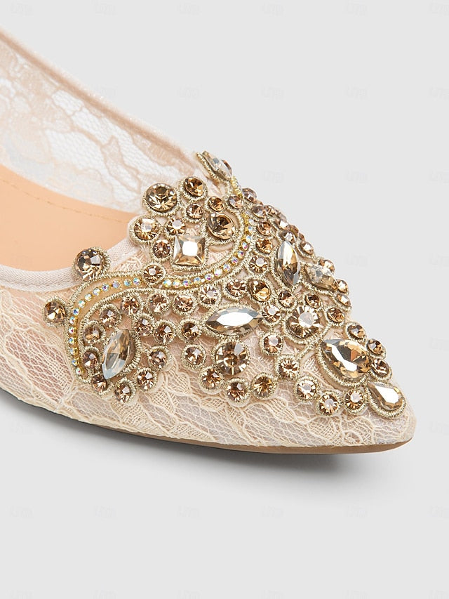 Beige Flats Ornate with Ballet Lace Women's Elegant