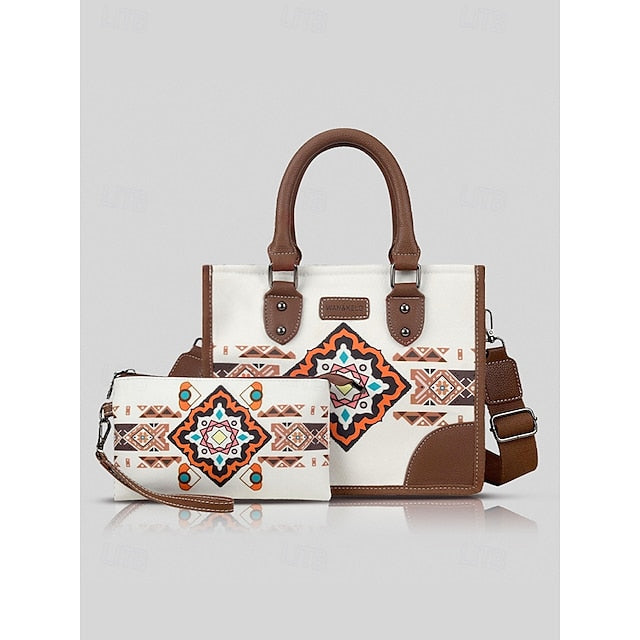 Women's Ethnic Set Faux Handbag and with Leather Canvas