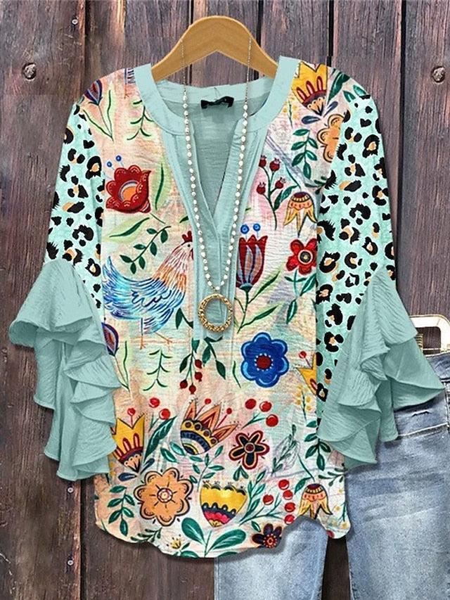 Women's T Shirt Floral Fashion Modern 3/4 Length Sleeve V