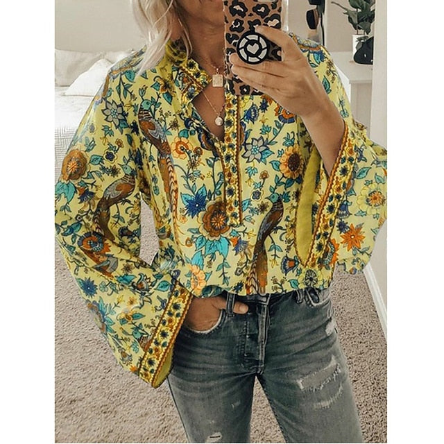 Women's Shirt Blouse Yellow Pink Dusty Rose Graphic Floral