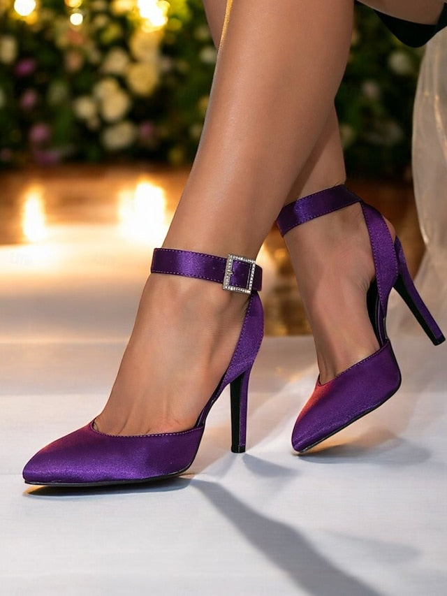 Pointed Women's Purple – Toe Satin Ankle Strap Heels