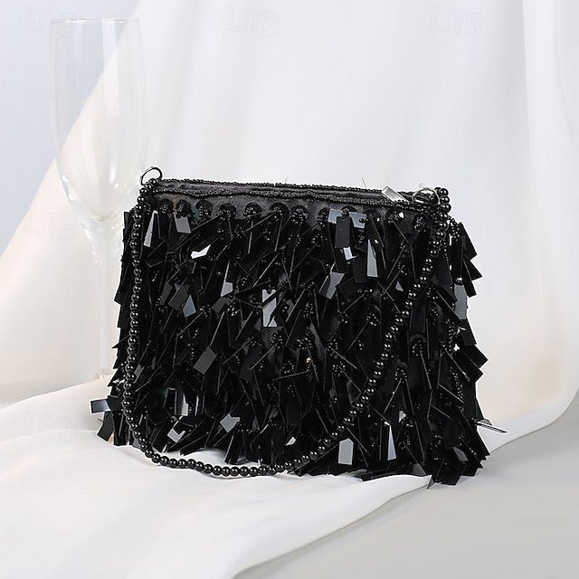 Evening Luxurious Black and with Clutch Fringe Sparkling Crystal