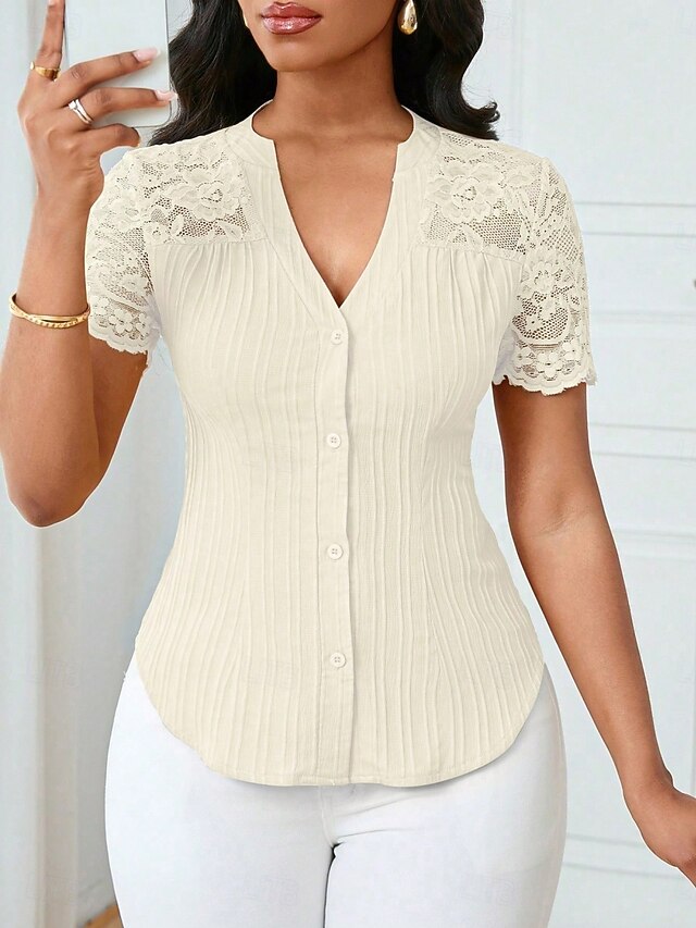 Women's T Shirt Tee Top Lace Patchwork Plain Elegant