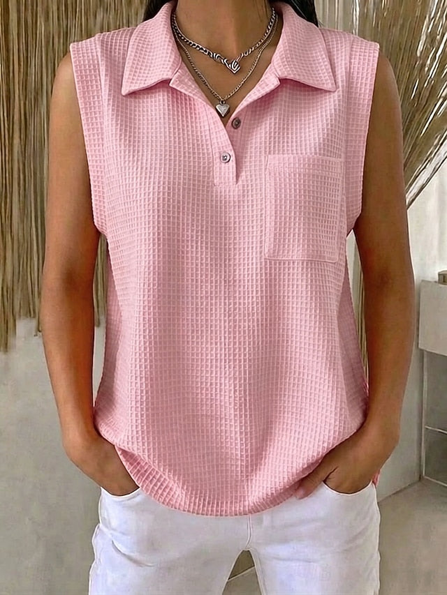 Women's Waffle Tank Top Polo Shirts Tee Pocket Stylish