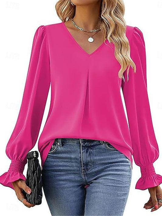 Women's Shirt Blouse Solid Color Basic Casual Long Sleeve V