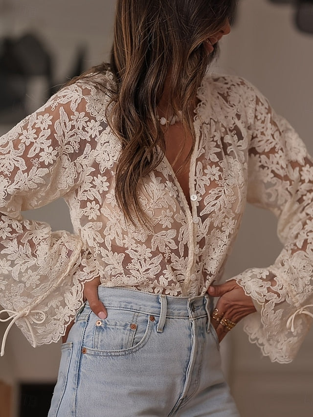 Women's Lace Splicing Top Lace Patchwork Solid Color