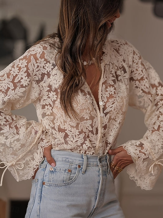 Women's Lace Splicing Top Lace Patchwork Solid Color