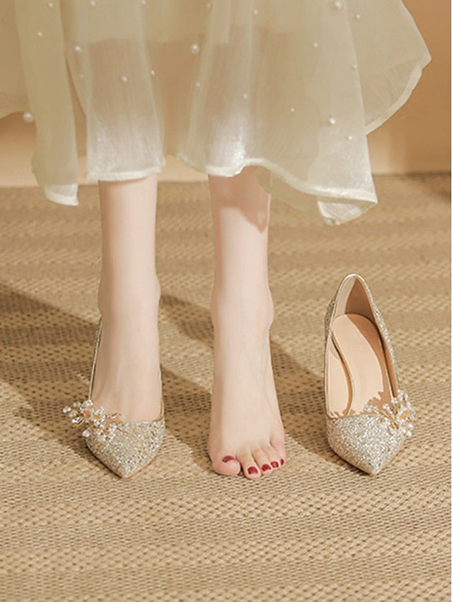 Heels Floral Silver with Women's Glitter Stiletto