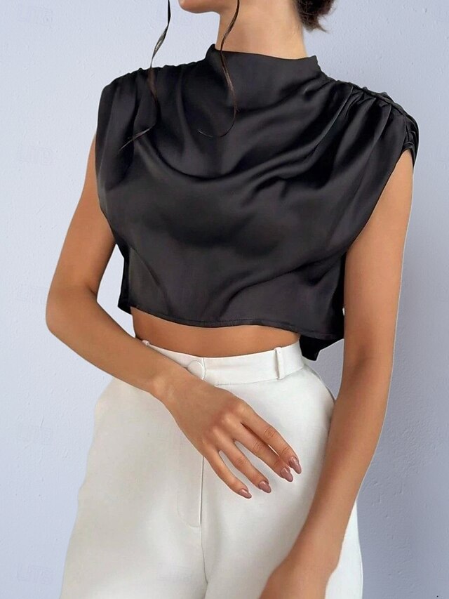 Women's Shirt Satin Shirt Blouse Wrap Crop Top Ruched Plain