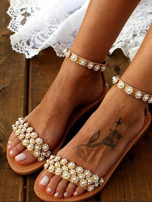 Beaded Sandals Boho Floral Ankle Chic with Straps Flat for